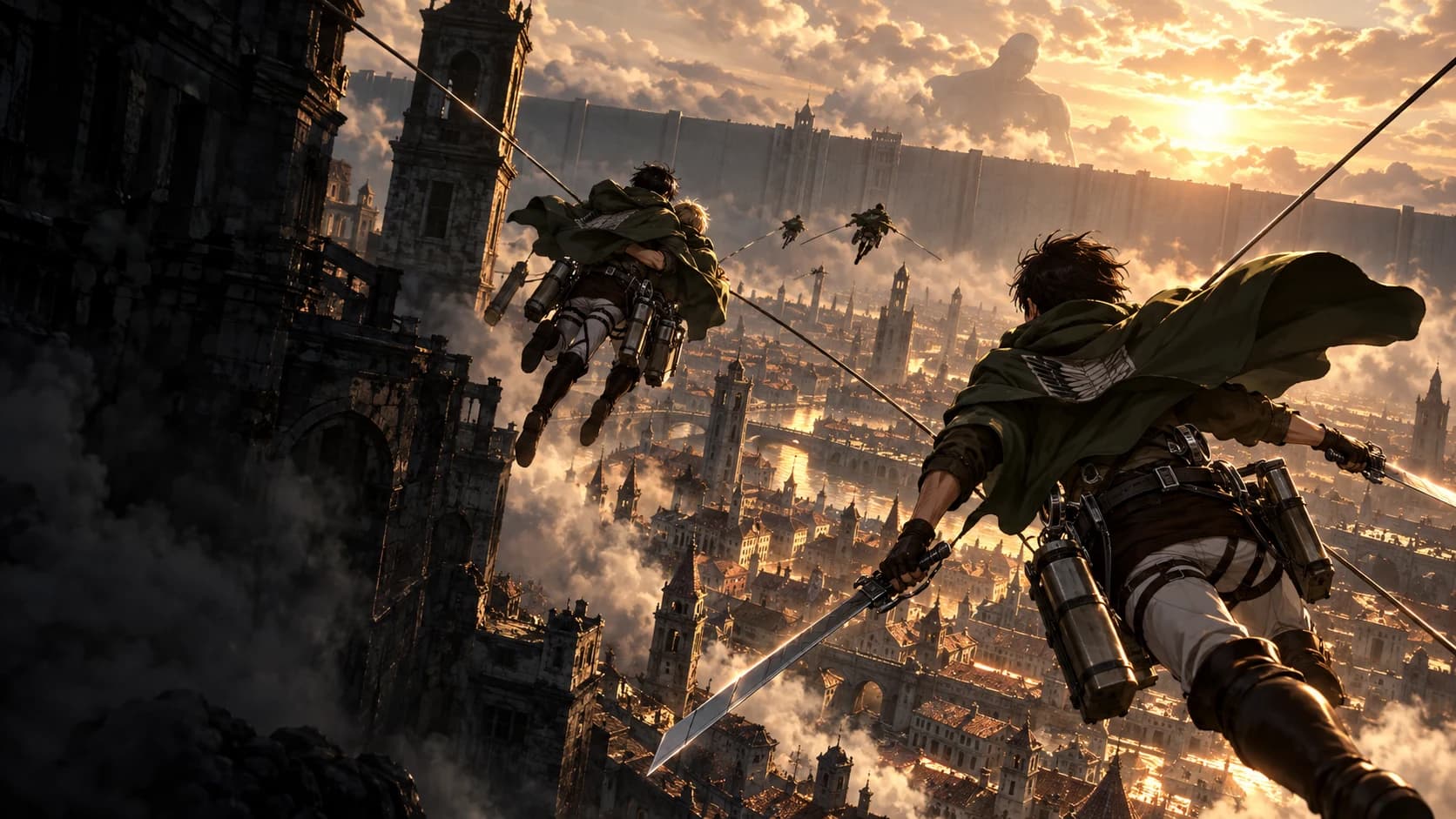 A scout squad flies over a walled city toward a titan at sunset